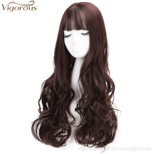 Vigorous Curly Wavy Synthetic Clip in Topper Ponytail Hair Extensions Synthetic Hairpiece with Air Bangs for Women